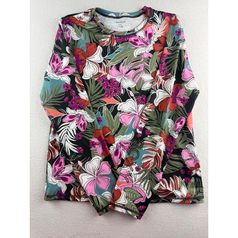 Roxy Womens Tropical Floral Long Sleeve Rash Guard Swim Shirt Black Pink Large